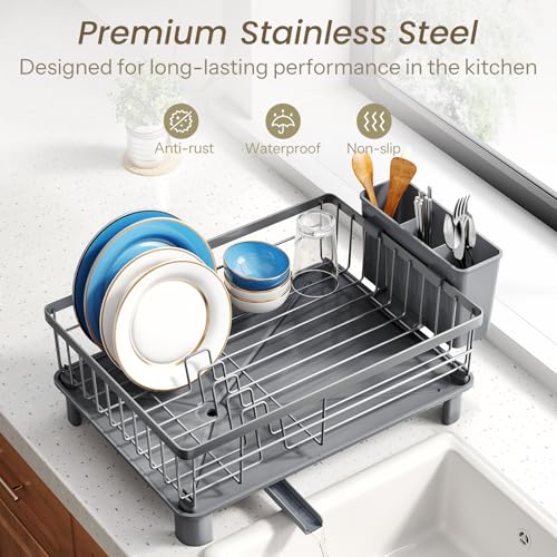 SNTD Dish Drying Rack - Small Dish Rack for Kitchen Counter, Stainless Steel Dish Drainer with Utensil Holder and Drainboard, 11" W x 15" L (Grey) - color: Gray, size: 11" W x 15" L