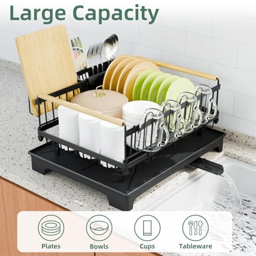 Dish Drying Rack with Auto-Drainboard - Rustproof Kitchen Counter Strainer with Cutlery & Cup Holders, Compact Space Saver Kitchen Strainer, Black