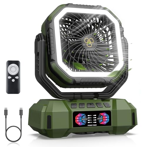 Portable Camping Fan 40000mAh Battery Powered, Rechargeable Camping Fan with Remote & LED Light, 4 Speed Strong Airflow & 3 Colors Light for Desk/Outdoor/Tent/Camping/Fishing, Army Green - color: Army Green
