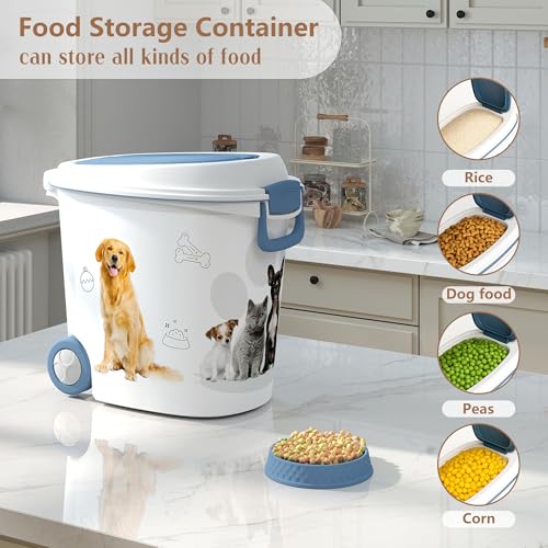 Pet Food Storage Container with Wheels Resin Capacity Dog Food Container with Slow Feeder Bowl and Scoop Easy to Move to Keep Food Fresh for Dogs, Cats, Birds（Blue&white,Quantity 1） - color: Blue&white