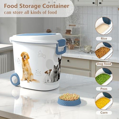 Pet Food Storage Container with Wheels Resin Capacity Dog Food Container with Slow Feeder Bowl and Scoop Easy to Move to Keep Food Fresh for Dogs, Cats, Birds（Blue&white,Quantity 1） - color: Blue&white