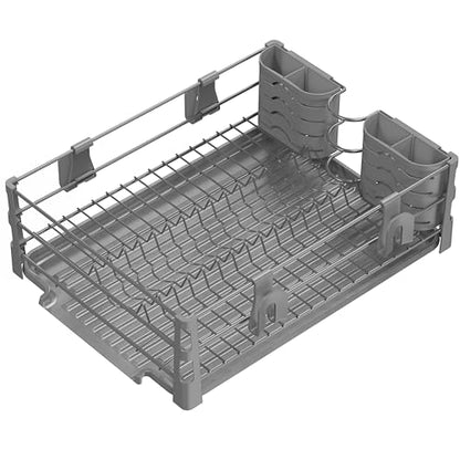 Simple Houseware Dish Drying Rack with Drainboard, Utensil Holder & Mug Hooks, Silver Metal Kitchen Counter Organizer - color: Silver