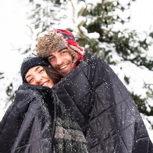 DUKUSEEK Large Camping Blanket - Waterproof, Quilted, Extra Thick Fleece, Warm, Windproof, Wearable, Includes Foldable Hood and Stuff Sack for Car, Outdoor Sports, Picnics, Stadiums, Dogs - color: Black Outer With Red Plaid Fleece
