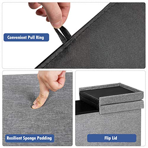 Folding Storage Ottoman w/Flipping Lid, End of Bed Bench, Fabric Shoe Bench w/Padded Seat, Upholstered Foot Rest Stool, Storage Box for Living Room, Bedroom, Entryway (Silver)