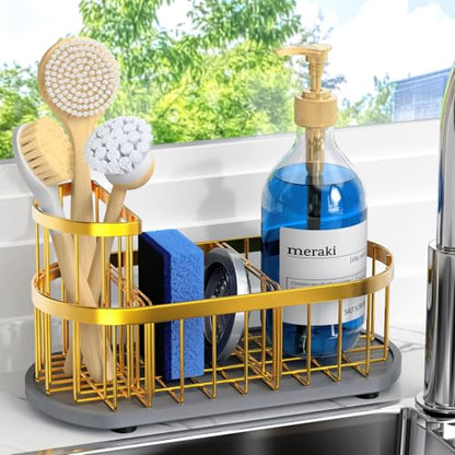 Sponge Holder for Kitchen Sink with High Brush Holder, [Stay-Dry Anywhere & No Drainage Needed] Rustproof Stainless Steel Kitchen Sink Caddy Organizer with Water Absorbing Stone Tray, Gold - color: Gold