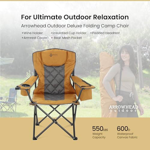 ARROWHEAD OUTDOOR Deluxe Folding Camp Chair – 550lb Capacity Heavy-Duty Quad Chair with Integrated Cooler, Headrest, and Dual Cup Holders. - color: Windsor