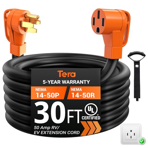 Tera Extension Cord 50 Amp RV & EV 30 FT: NEMA 14-50P to 14-50R UL Listed 4 Prong 250V Heavy Duty with Grip Handle Cord Organizer 6/3+8/1 Gauge STW RV Power Cord for Tesla J1772 - size: 30FT, style: NEMA 14-50P