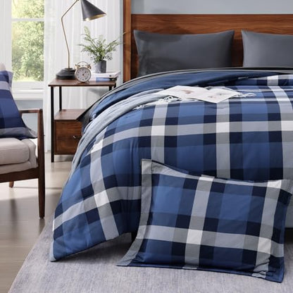 MaiRêve Queen Size Plaid Comforter Set Indigo Blue, Classic Checkered 7 Pieces Farmhouse Bedding Set, All Season Lightweight Bed in A Bag with Sheets, Pillowcases & Shams - color: Indigo Blue, size: Queen