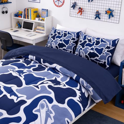 Meeting Story Twin Camo Bedding Set 5 Piece for Boys, Ocean Camo Comforter Set with Shark & Whale, Soft Lightweight All Seasons Kids Bedding Set(Navy,Twin)