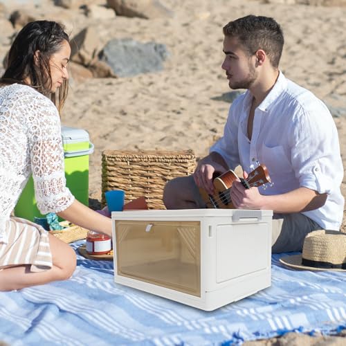VICASKY Collapsible Camping Storage Box with Lid 25l Folding Lidded Storage Bin with Wooden Base Outdoor Car Trunk Organizer for Clothes and Gear