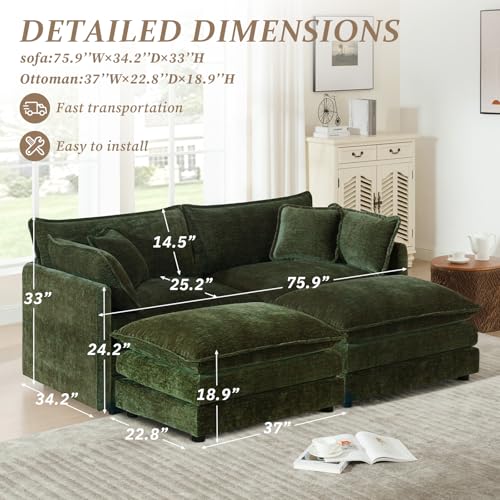 SoarFlash Chenille Sectional Sofa, Comfy Modular Coush Sofa with Ottoman, Modern 2 Seat Recliner Deep Seat Sofa Set for Living Room,Green - color: Green, size: 2 Seat+2 Ottoman