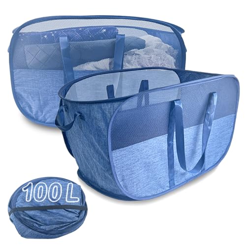 100L Collapsible Laundry Baskets 2 Pack, Extra Large Mesh Pop Up Laundry Hamper, Dirty Clothes Hamper with Reinforced Handles, Folding Hampers for Travel. Dorm or Home Portable Laundry Baskets. Blue - color: Blue, size: 2-Pack Standard