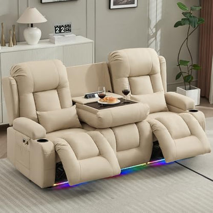 URRED Power Loveseat Recliner Sofa with Massage and Heat, Wall Hugger Reclining Loveseat with Console, RV Couch Home Theater Seating with LED Lights for Living Room (Beige, 76.8" - 3 Seats) - color: Beige, size: 76.8" - 3 Seats
