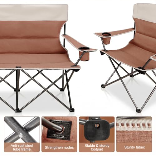 Camping Chair Set of 3, Outdoor Folding Camping Chairs for Heavy People with Cup Holder & Carry Bag,Collapsible Chair Include One Sofa Chair and Two Single Chair,Support up to 500lbs - color: Moca-4pcs