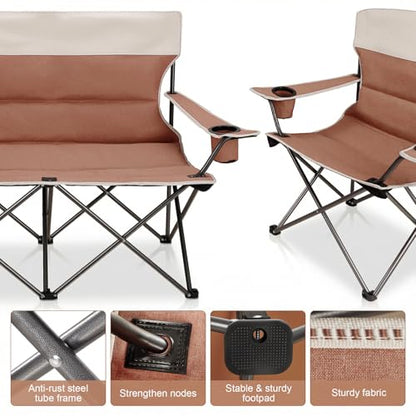 Camping Chair Set of 3, Outdoor Folding Camping Chairs for Heavy People with Cup Holder & Carry Bag,Collapsible Chair Include One Sofa Chair and Two Single Chair,Support up to 500lbs - color: Moca-4pcs