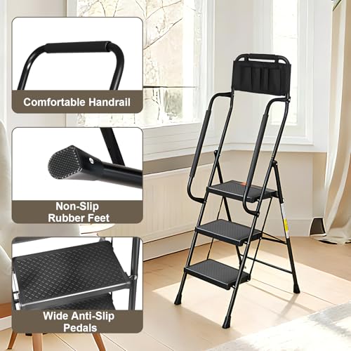Valeo 3 Step Ladder with Handrails,500 Lbs Capacity,Folding Step Stool Ladder with Attachable Tool Bag,Lightweight & Storage Step Ladder 3 Step Folding,Multi-use for Home,Kitchen,Office,Black - style: 3 Step Ladder with Handrails