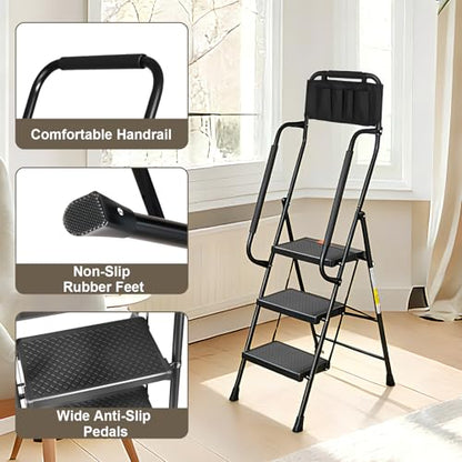 Valeo 3 Step Ladder with Handrails,500 Lbs Capacity,Folding Step Stool Ladder with Attachable Tool Bag,Lightweight & Storage Step Ladder 3 Step Folding,Multi-use for Home,Kitchen,Office,Black - style: 3 Step Ladder with Handrails