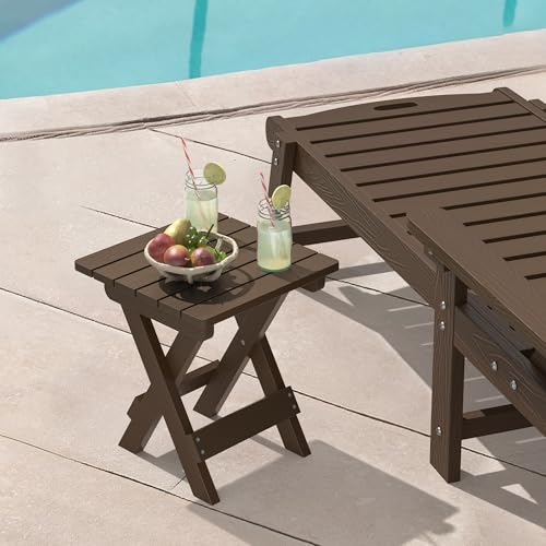 LUE BONA Small Outdoor Folding Side Table, HDPS Outside End Table for Patio, Porch, Deck, Pool, 14 Inch Height, Dark Brown - color: Dark Brown