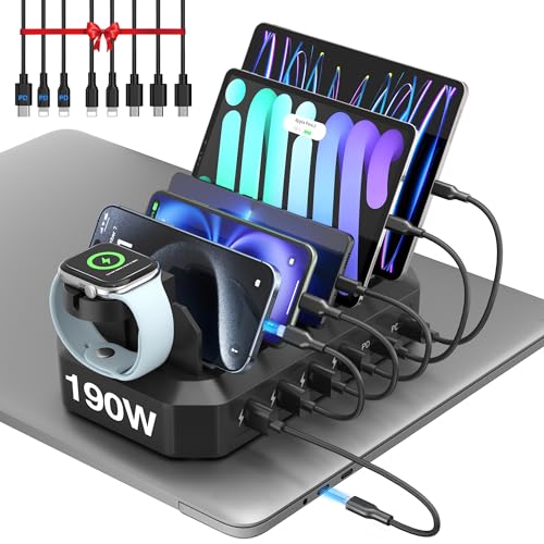 190W Fast Charging Station for Multiple Devices【Efficient & Safe Charging】 6 Port USB Charger Station - Family Multi-Device Organizer Charging Dock Compatible with iPhone/Android/MacBook/iPad/Tablet - color: Black