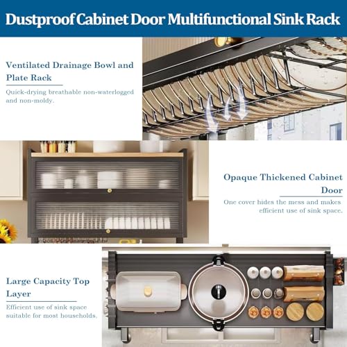 4-Tier Dish Drying Rack with Cover – Above Sink Kitchen Storage Rack, Large Space-Saving Shelf for Dishes, Glasses, Bowls & Cutlery, Black (W-40'') - size: W-41''