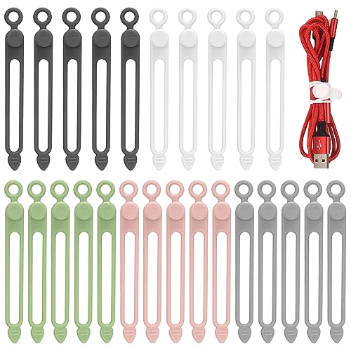 25 Pcs Silicone Cable Ties, Reusable Cable Straps Wire Organizer, Cable Management Cord Organizer for Fastening Earphone Phone Charger Home Office Desk Kitchen Appliances Cable Cords Wires - color: A-25pcs 5 Colors