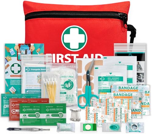 General Medi Mini First Aid Kit, 110 Piece Small First Aid Kit - Includes Emergency Foil Blanket, Scissors for Travel, Home, Office, Vehicle, Camping, Workplace & Outdoor (Red) - size: 110 Piece Set