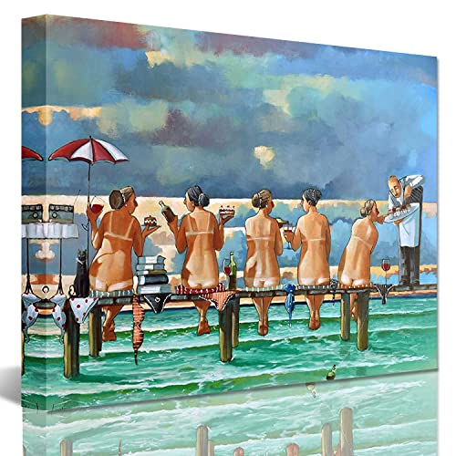 Ronald West Canvas Wall Art: Friends On The Jetty - Beach Girls Picture - Ocean Seascape Painting - Bathroom, Living Room, Bedroom Decor - 16"x24" - color: Blue, size: 16"L x 24"W