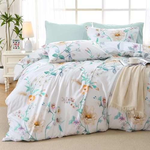 MUXHOMO Green Branch Full Comforter Set, Elegant Floral Print Bed in a Bag 7 Pieces, Ultra Soft & Breathable Reversible Botanical Pattern Bedding Set with Comforter, Sheets, Pillowcases, and Shams - color: Colorful Green Branch, size: Full(82"x86")