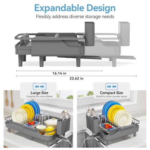 Urackify Expandable Dish Rack for Kitchen Counter,16.14"-23.62" Large Dish Drying Rack with Adjustable Water Spout, Space Saving Dish Drainer with Auto Draining Cutlery Holder, Matte Grey - color: Matte Grey