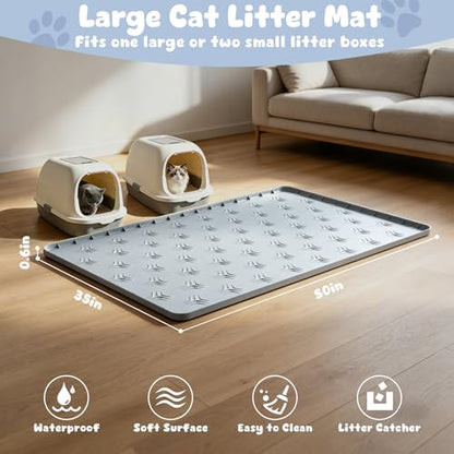 JUJOMAT Cat Litter Box Mat, 50"×35" Large Silicone Cat Litter Trapping Mat Non-Slip Gray Kitty Litter Mat for Indoor Cats, Waterproof Pet Food Mats Easy to Clean & Soft on Kitty Paws - size: 50"L x 35"W