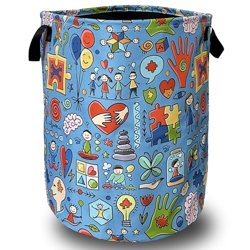 Autism Awareness Doodles Laundry Basket Foldable With Handles ColorfulTote Bag Oxford Cloth Funny Laundry Hamper Clothe Storage Bucket Toy Organizer 18.9"x16.5"For Bathroom/Laundry/Bedroom - color: Funny Autism Doodles