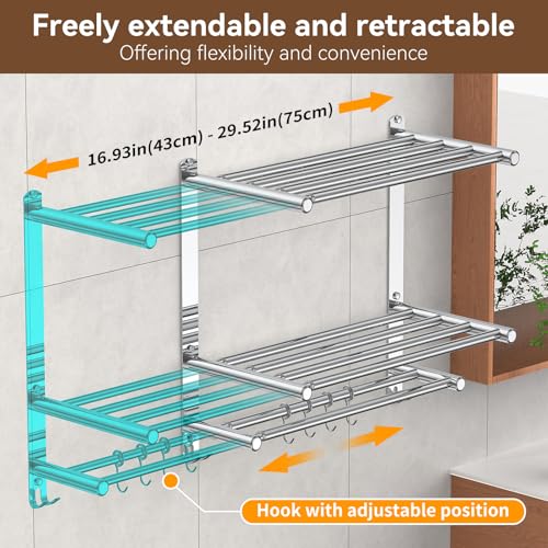 Bathroom Towel Rack with Shelf and Towel Bar, 2-Tier Expandable (16.9 to 28 Inches) SUS304 Stainless Steel, Wall Mounted or Adhesive, 4 Sliding Hooks Rust Resistant, Rounded Corners, Side Guards