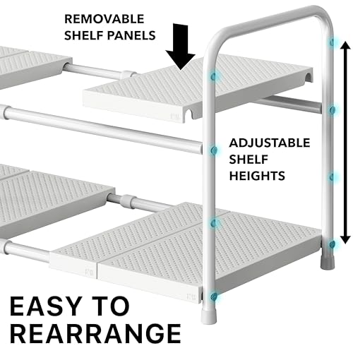 Simple Houseware Under Sink 2 Tier Expandable Heavy Duty Metal Shelf Organizer Rack, White (Expand from 15 to 25 inches) - color: White