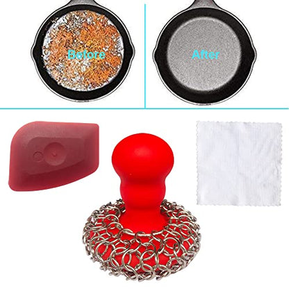 316 Upgraded Chainmail Scrubber with Silicone Handle Cast Iron Cleaner for Cast Iron Grill Pan Skillet Wok Bakeware Ergonomic to Hold Easy to Use Dishwasher Safe, Scrubber + Scraper + Towel (Red) - color: Red