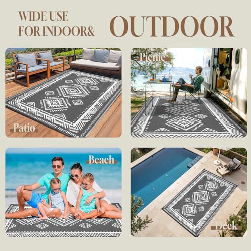 OMERAI Reversible Waterproof Outdoor Rug for Backyard,Plastic Textured Resistant Outdoors Rugs,Portable Washable Easy Cleaning Foldable Camping Beach Carpet for Patio Courtyard, 6'x9' Gray & White