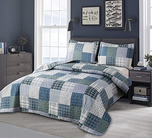 Quilt Set Queen Size Plaid Bedspread Coverlet Queen Quilt Set Bedding Mens Boys Quilt Bedspread Patchwork Bedding Home Modern Soft Lightweight Coverlet Reversible Quilt Bed Spread with 2 Pillow Shams - color: Blue Green Black, size: Full/Queen