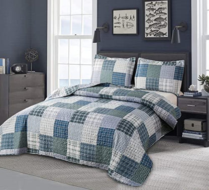 Quilt Set Queen Size Plaid Bedspread Coverlet Queen Quilt Set Bedding Mens Boys Quilt Bedspread Patchwork Bedding Home Modern Soft Lightweight Coverlet Reversible Quilt Bed Spread with 2 Pillow Shams - color: Blue Green Black, size: Full/Queen