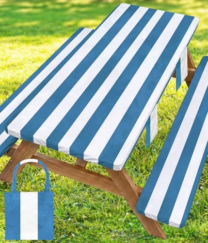 Picnic Table Cover with Bench Covers Tablecloth Fitted Table Cloth Camping Essentials Supplies Rv Travel Must Haves Gear Accessories Outdoor Road Trip Necessities Stuff Gadgets Camper Gadgets Items - color: Blue White Striped, size: 72in