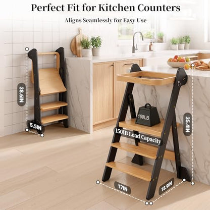 COSYLAND Foldi Foldable Toddler Kitchen Stool - Adjustable Height Toddler Standing Tower with Net & Safety Feet, IF Award-Winning Wooden Learning Step Tower for Kids 18M-6Y, Black & Natural - color: Black & Natural