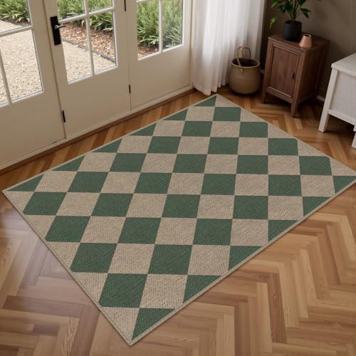 Rugalia Easy Jute Checkered Indoor Outdoor Doormat, 2.6x4 Green Modern Entryway Rug Non-Slip Washable Kitchen Rug, Neutral Farmhouse Diamond Throw Rugs for Entrance Bedroom Porch Patio - color: Green Checkered, size: 2.6' x 4' (Rectangular)