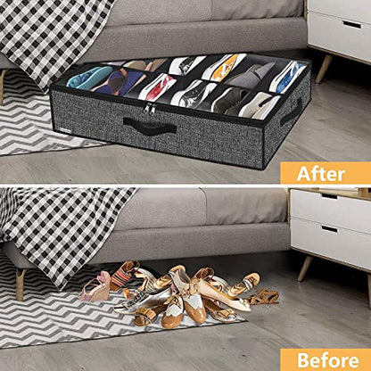 Onlyeasy Under Bed Shoe Storage Organizer with Sturdy Handles and Clear Window 1 Pack Fits 12 Pairs, Premium Foldable Underbed Shoes Container Box for Closet, Linen-like Black, MXAUBSB1P - color: Linen-like Black 1 Shoes (12 Cells)