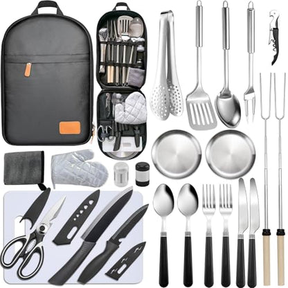 Camping Cooking Utensils Set - Camping Utensil Set Car Camping Cooking Essentials Gear for Camp Kitchen Cooking and Grilling, Stainless Steel & Silicone Ideal Gift for RV Tent Camper - color: Black-24Pcs
