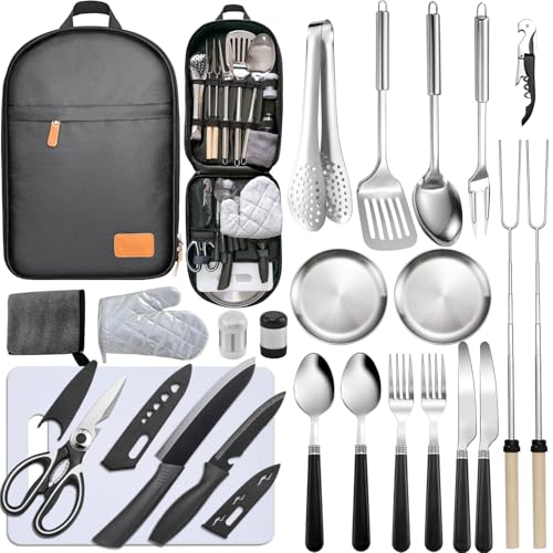 Camping Cooking Utensils Set - Camping Utensil Set Car Camping Cooking Essentials Gear for Camp Kitchen Cooking and Grilling, Stainless Steel & Silicone Ideal Gift for RV Tent Camper - color: Black-24Pcs