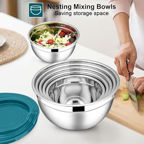 E-far Mixing Bowls with Lids Set, 7-Piece Stainless Steel Mixing Bowls with 3 Grater Attachments, Size 4.6, 3.5, 2.6, 2, 1.5, 1, 0.7QT, Metal Nesting Bowls & Blue Airtight Lids, For Baking/Cooking - color: Blue, size: 7 Regular Sizes