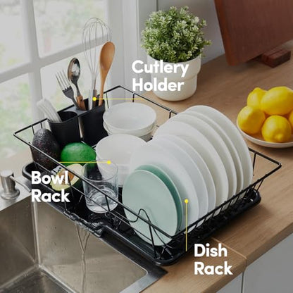 Space-Saving 3-Piece Dish Drainer Rack Set with Cutlery Holder - Maximize Countertop Space, Black - color: Black