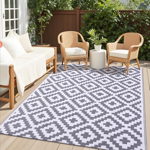 OLANLY Waterproof Outdoor Rug 5x8 ft, Outdoor Plastic Straw Rug for Camping, RV Mat Outside, Outdoor Carpet for Porch, Deck, Backyard, Balcony, Picnic, Grey & White - color: Grey & White, size: 5' X 8' (Rectangular)