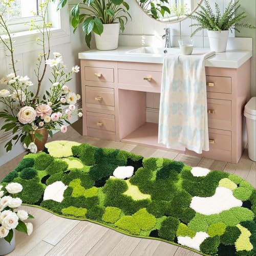 Hifuwan Cute Green Moss Bathroom Runner Rugs 24 x 60 Inch, Extra Large Boho Aesthetic Leaves Bath Mats Shaggy Non Slip Absorbent Shower Mat for Kitchen Bedroom Sinks Cottagecore Decor - size: 2' x 5' (Rectangular)