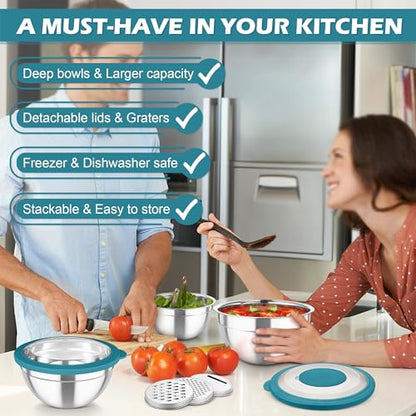 TeamFar Mixing Bowls, 3PCS Stainless Steel Serving Salad Bowls with Lids & 3 Graters, For Kitchen Mixing/Baking/Storing/Prepping, Visible & Airtight, Easy Clean - 4.5/3 / 1.5 QT, Dark Blue - color: Dark Blue, style: Transparent Airtight Lids