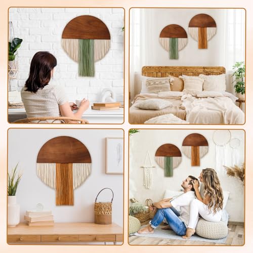 Suteng 2 Pcs Macrame Wall Hanging Bohemian Style Half-Circle Wooden Board Fringe Tapestry, Boho Decor Wall Tapestry Handmade Round Tassel for Living Room Bedroom Apartment Wall Art Headboard Decor