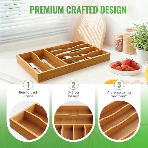 Bamboo Silverware Organizer, Bamboo Kitchen Drawer Cutlery Organizer, Utensil Holder, Flatware Organizer Tray (15.8"x9.5"x1.6") - size: Medium
